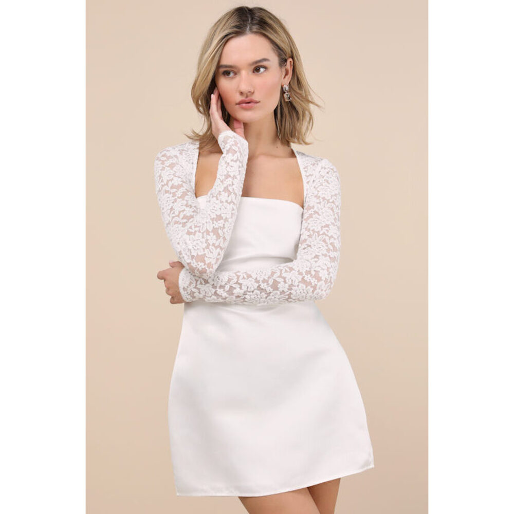 Lulus Prettiest Behavior White Satin Lace Long Sleeve Mini Dress - Size M